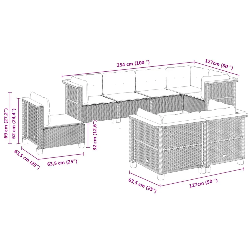 Garden Sofa Set PE Rattan 8 Piece Outdoor Furniture Patio Lounge Grey