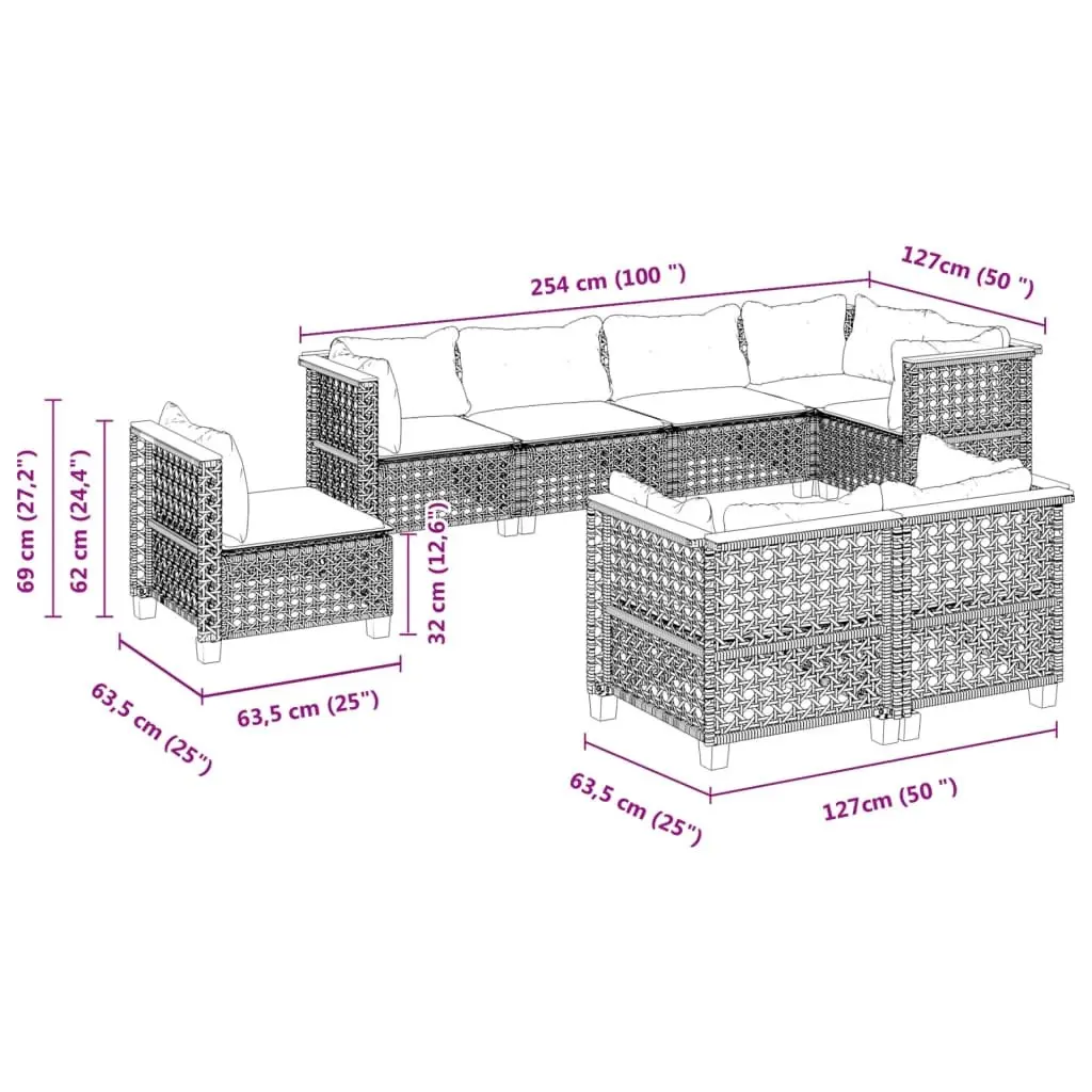 8-Piece Grey Modular Garden Sofa Set with Cushions