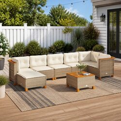8-Piece Beige Poly Rattan Garden Sofa Set with Cushions