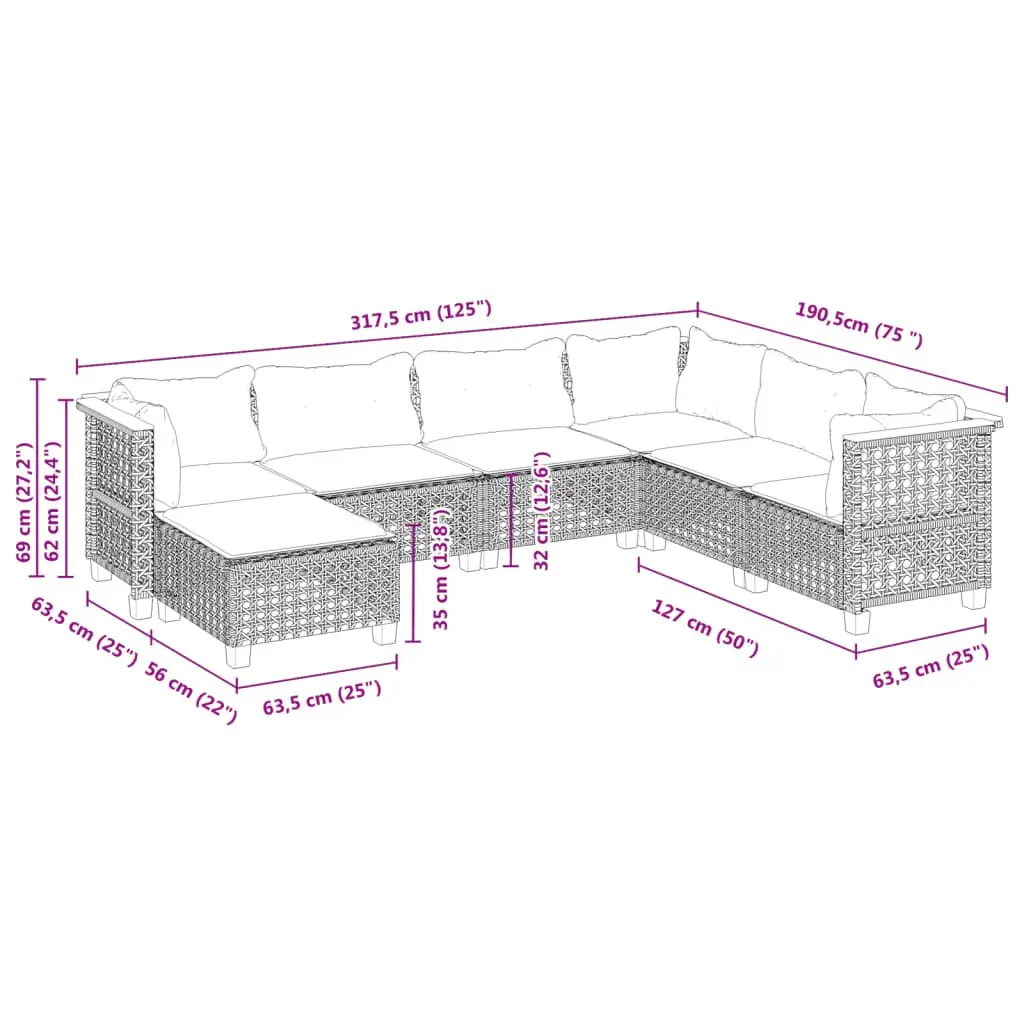 7 Piece Garden Sofa Set PE Rattan Grey with Cushions Modular Outdoor Furniture