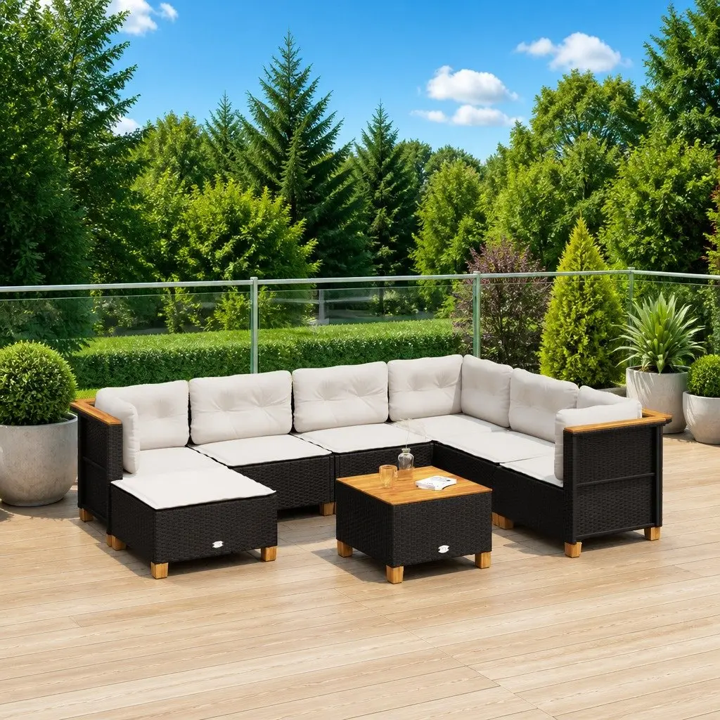 Garden Sofa Set PE Rattan 8 Piece Outdoor Furniture Patio Lounge with Cushions Black