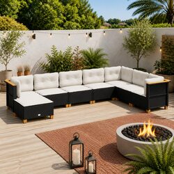 Durable 8-Piece Black Poly Rattan Garden Sofa Set