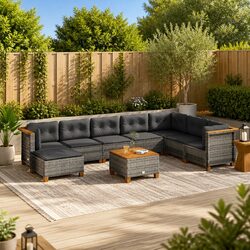 9 Piece Grey Poly Rattan Garden Sofa Set with Cushions