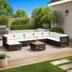 Black 9-Piece Outdoor Garden Sofa Set with Cushions