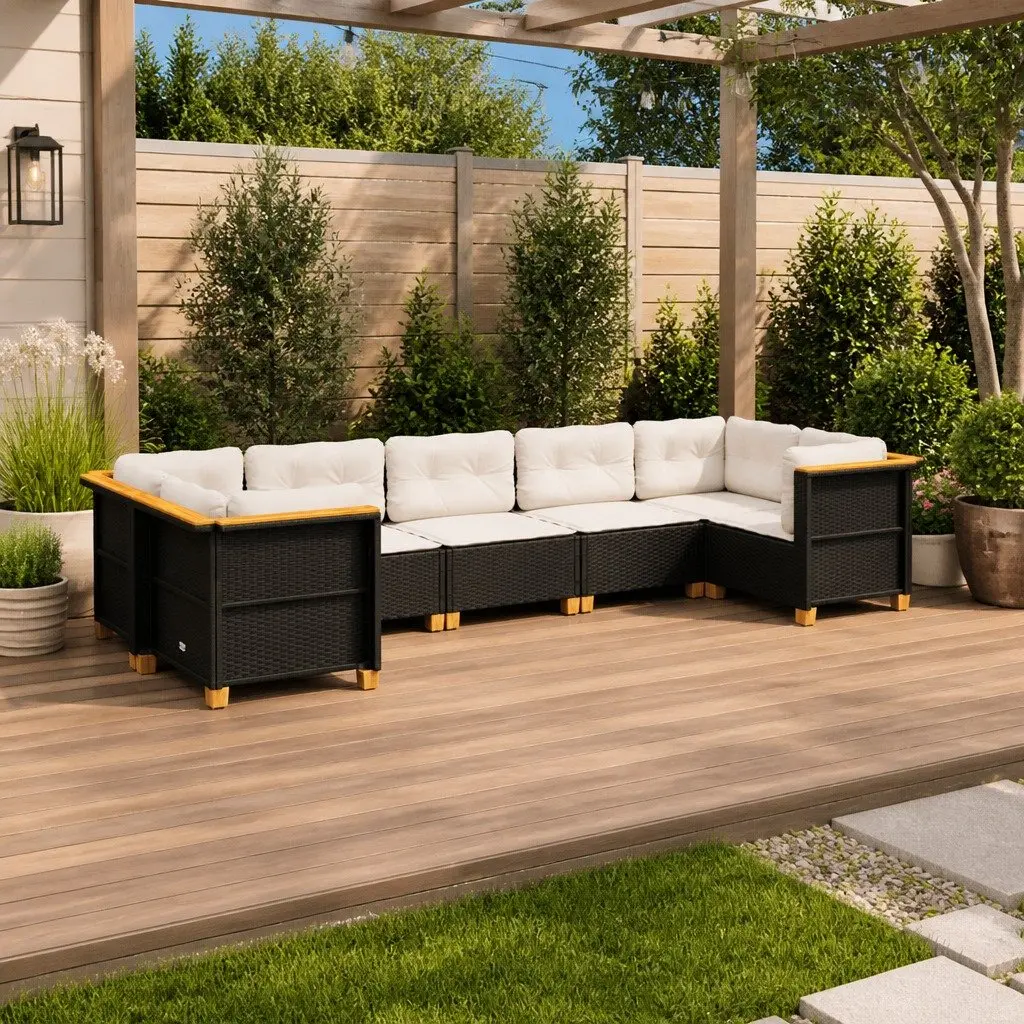 Garden Sofa Set PE Rattan 7 Piece Modular Sectional Black with Cushions