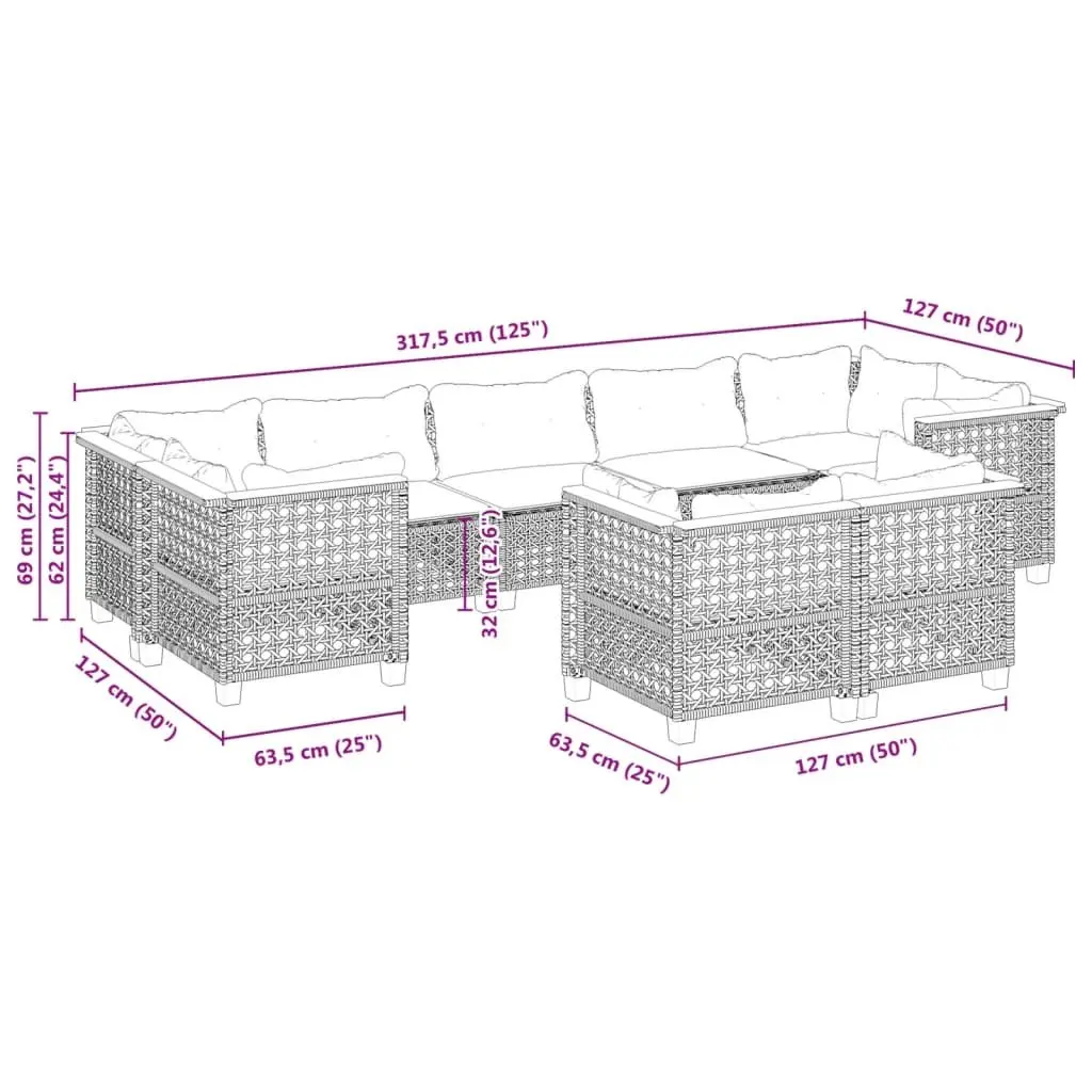 9 Piece Outdoor Garden Sofa Set PE Rattan with Cushions Black