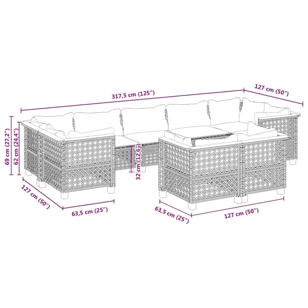 Garden Sofa Set PE Rattan 9 Piece Outdoor Furniture Grey