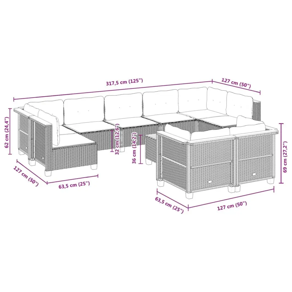Garden Sofa Set PE Rattan 10 Piece Modular Outdoor Furniture Grey
