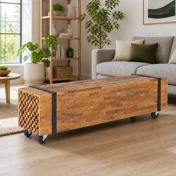 Solid Teak Wood TV Stand 110x30x32.5cm with Wheels