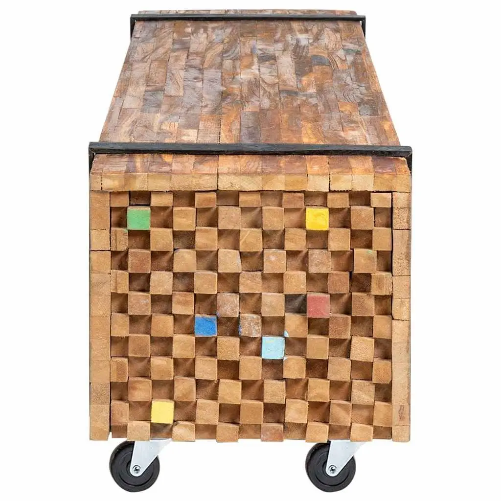 Solid Teak Wood TV Stand 110x30x32.5cm with Wheels