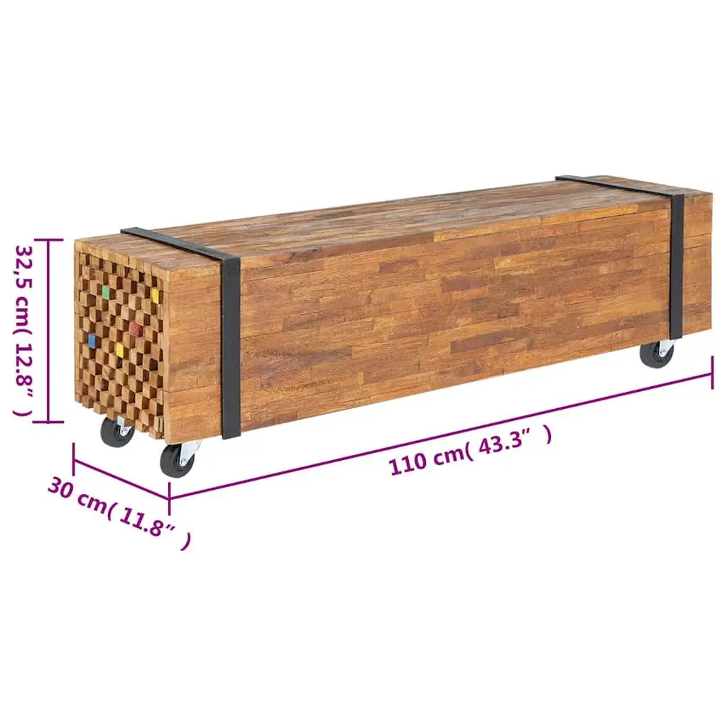 Solid Teak Wood TV Stand 110x30x32.5cm with Wheels