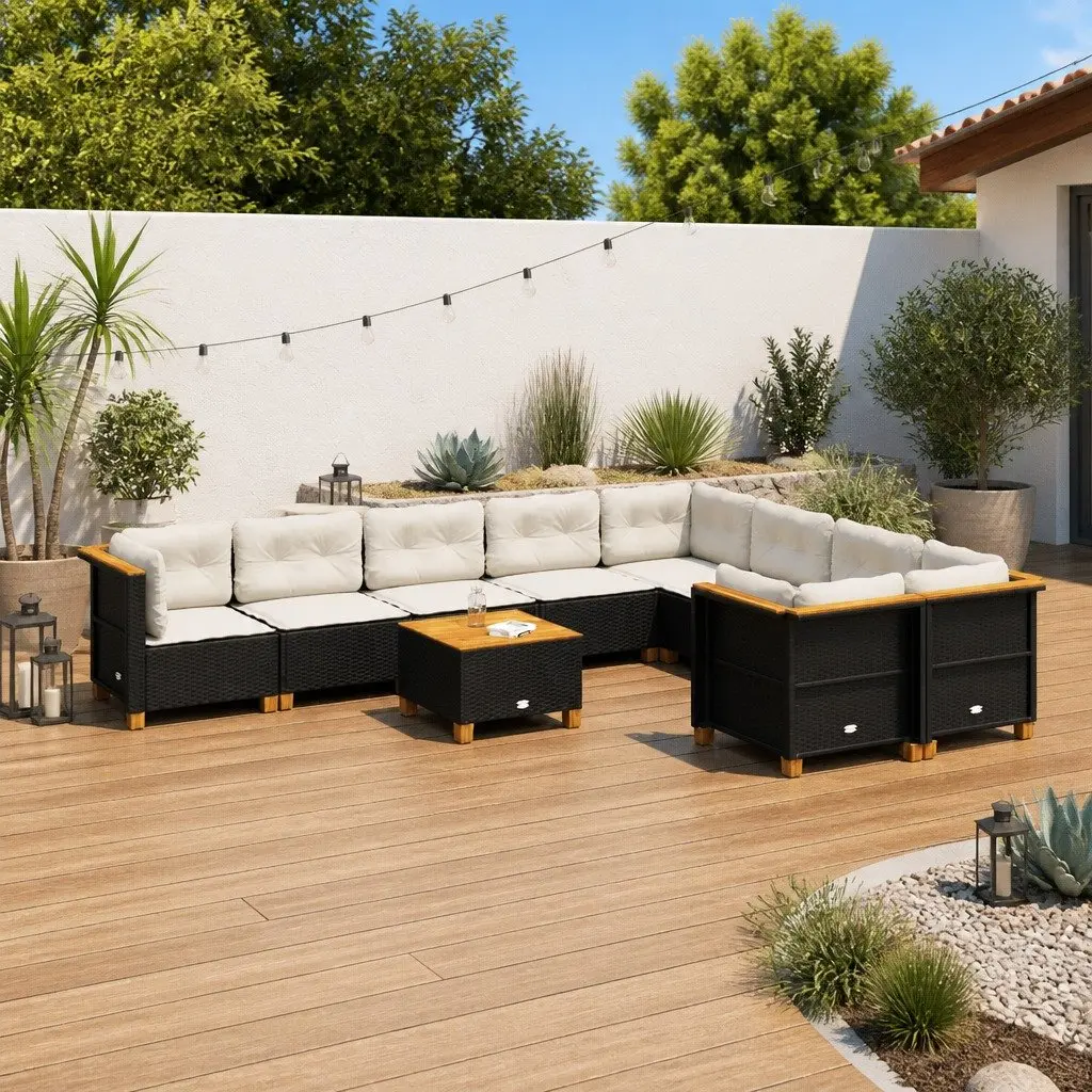 10 Piece Black Poly Rattan Garden Sofa Set