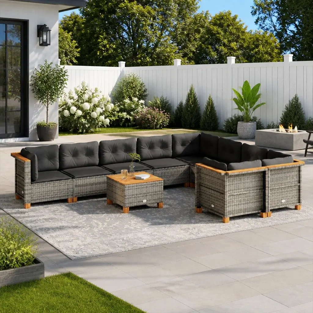 10-Piece Grey Poly Rattan Garden Sofa Set