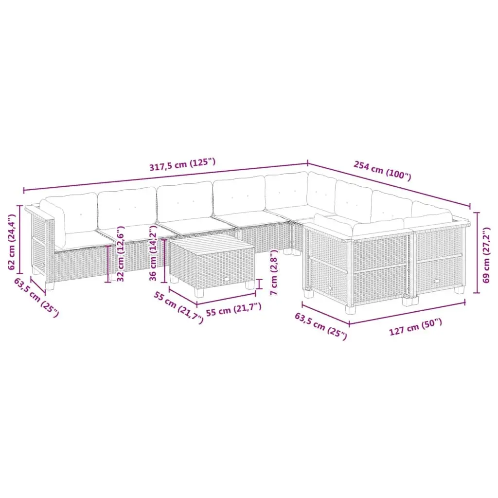 10-Piece Grey Poly Rattan Garden Sofa Set
