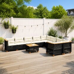 10-Piece Black Poly Rattan Outdoor Sofa Set