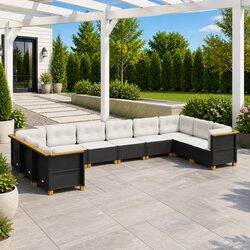 10-Piece Black Poly Rattan Garden Sofa Set