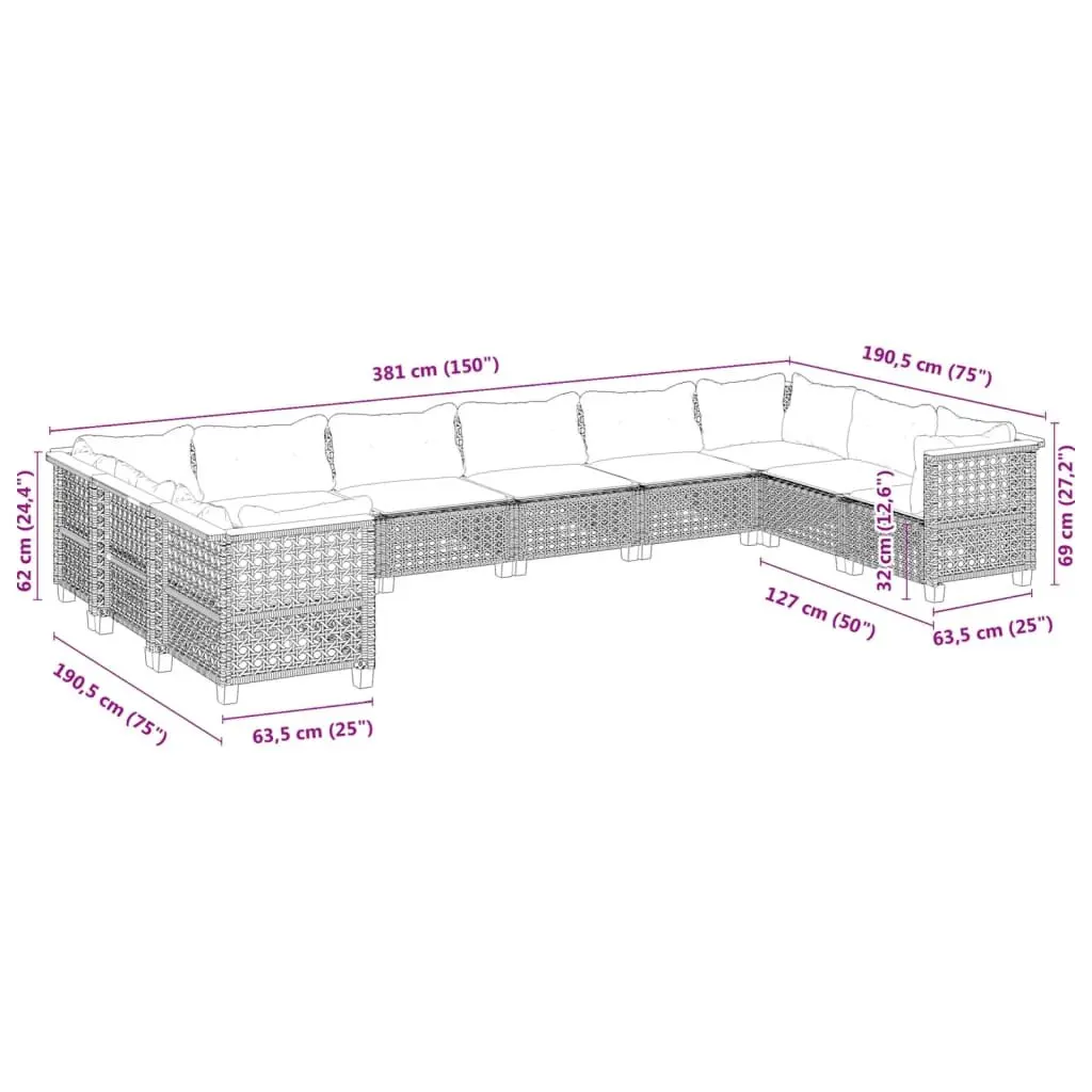 Black Modular 10-Piece Outdoor Garden Sofa Set