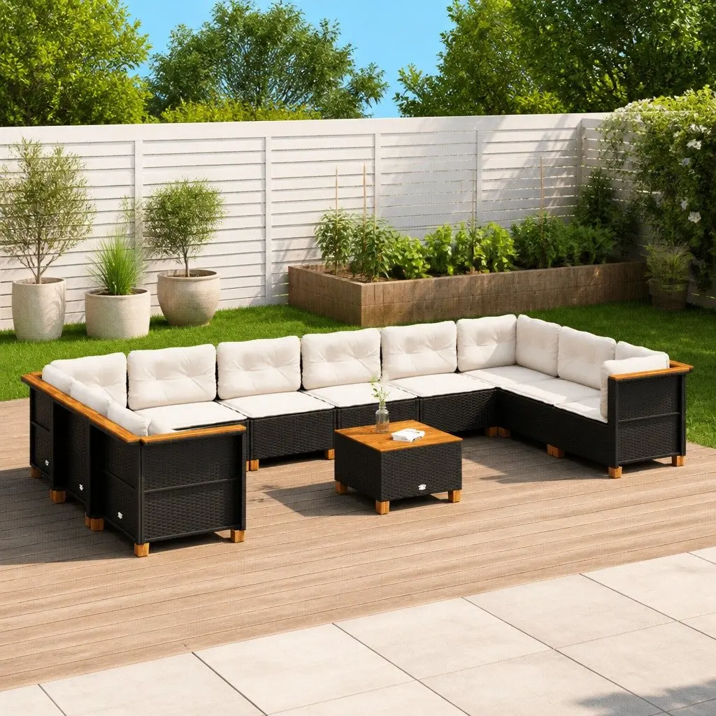 11 Piece Outdoor Garden Sofa Set PE Rattan Furniture with Cushions Acacia Wood Tabletop Black