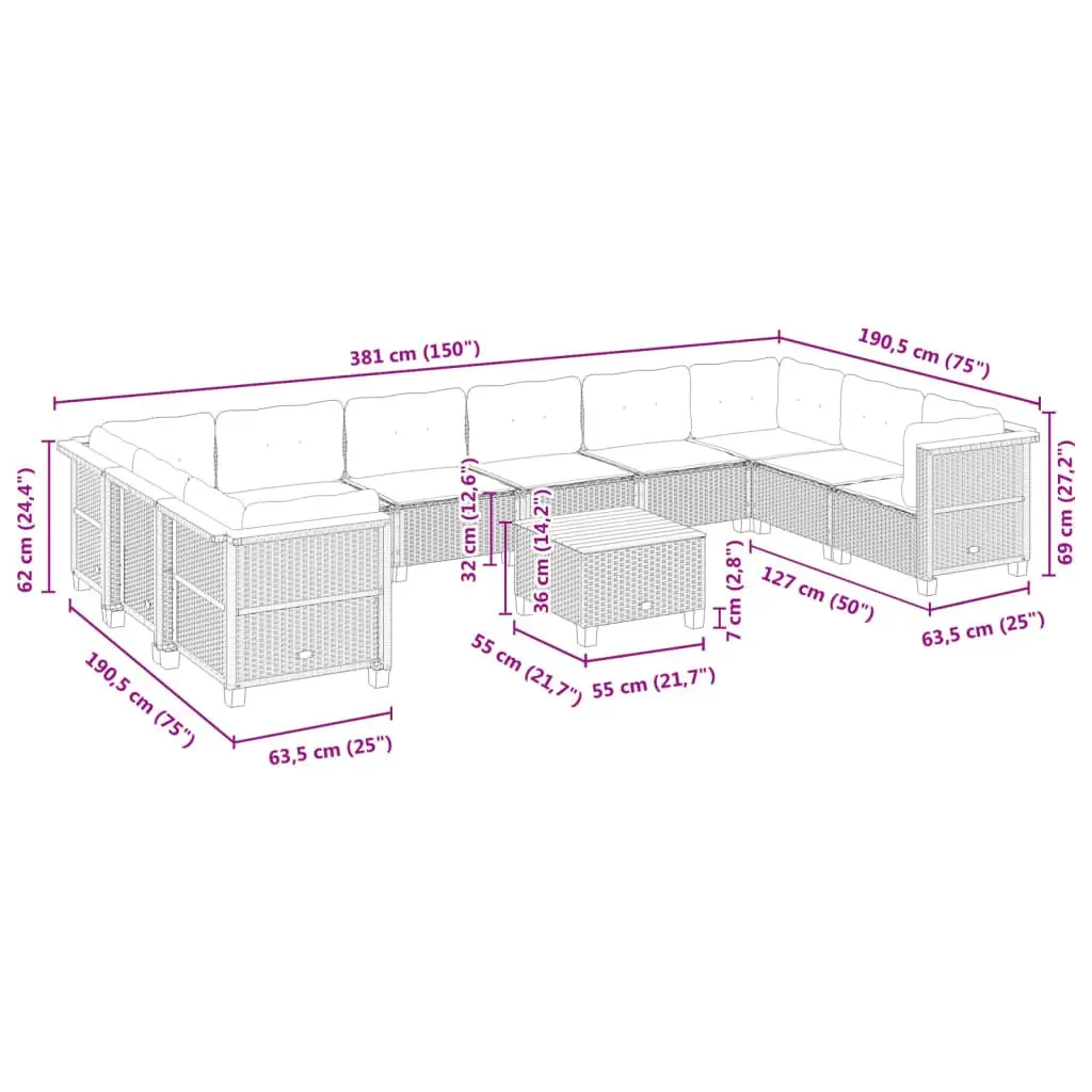 Garden Sofa Set PE Rattan 11 Piece Outdoor Patio Furniture Grey