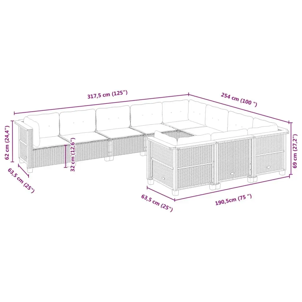 Garden Sofa Set PE Rattan 10 Piece Modular Outdoor Furniture Black