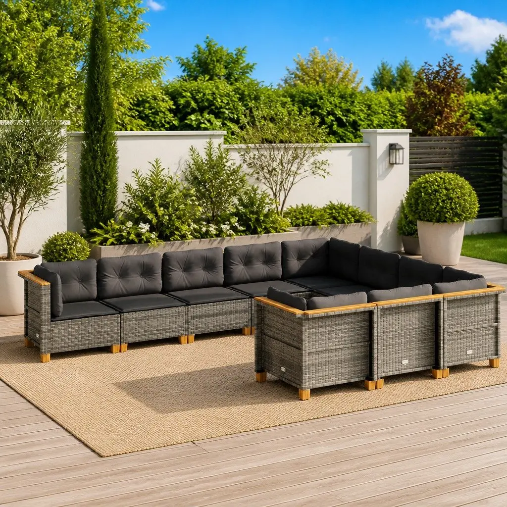 Garden Sofa Set PE Rattan 10 Piece Outdoor Furniture Grey with Cushions Modular Patio