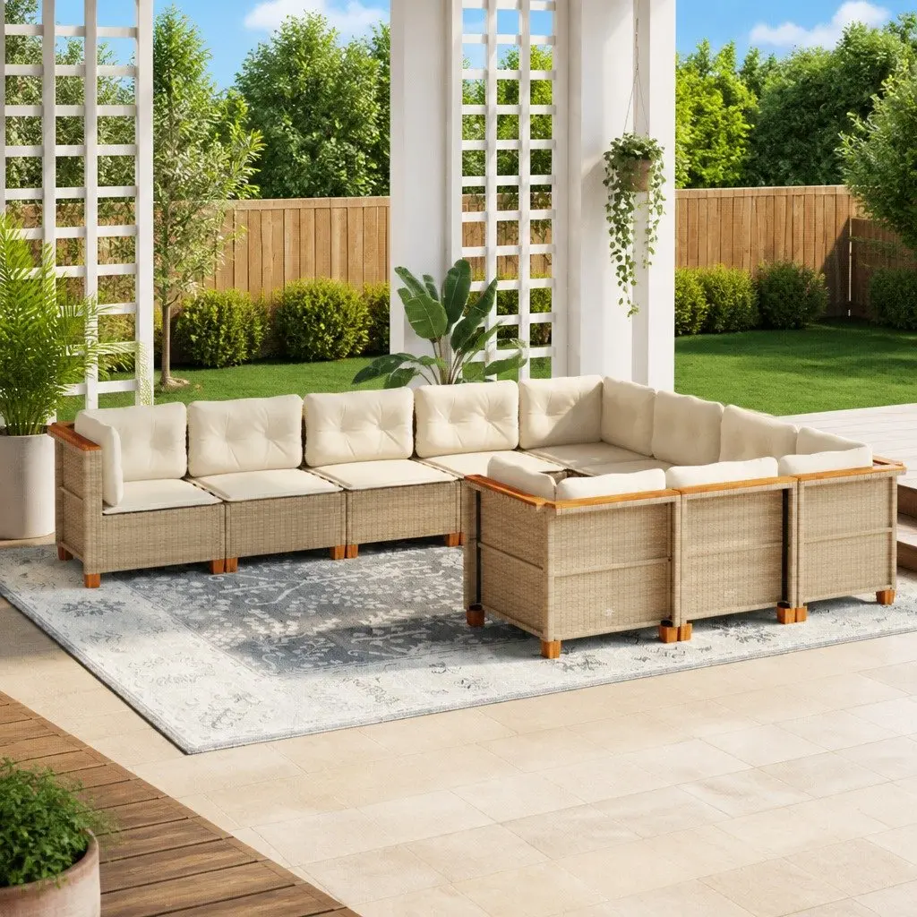 Garden Sofa Set PE Rattan 10 Piece Outdoor Furniture Beige with Cushions