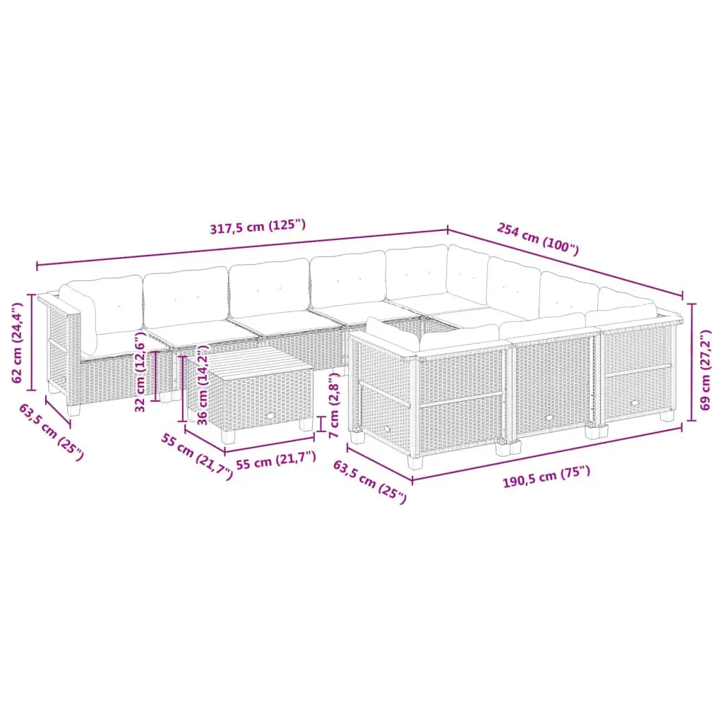 Garden Sofa Set PE Rattan 11 Piece Outdoor Furniture Grey with Cushions
