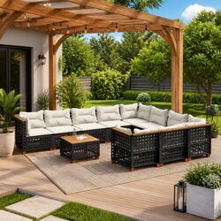 11-Piece Black Poly Rattan Garden Sofa Set for Outdoors