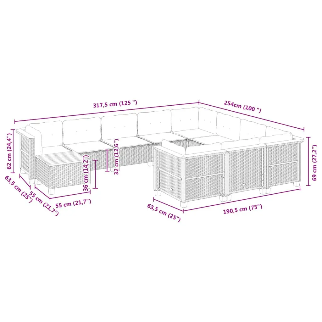 Grey 11-Piece Modular Outdoor Garden Sofa Set