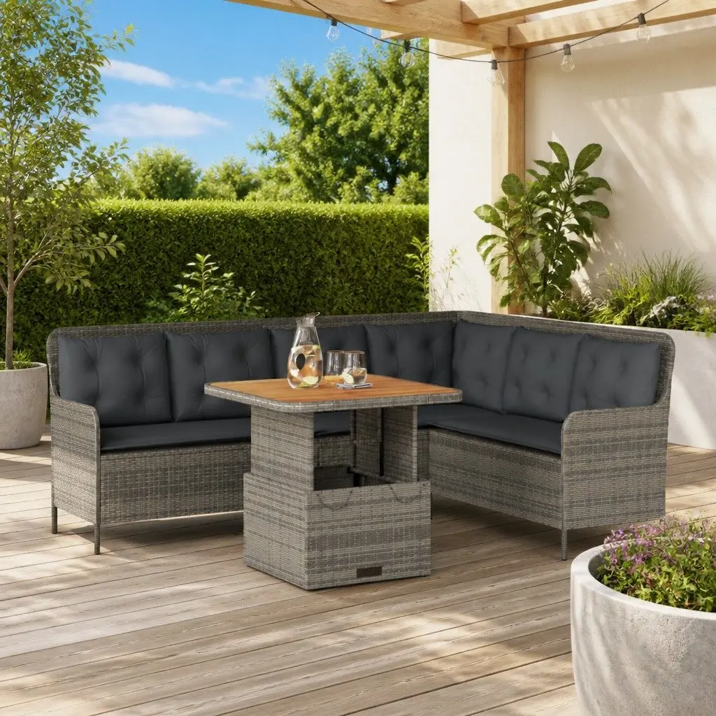 Garden Sofa Set PE Rattan Grey 2 Piece Outdoor Furniture with Cushions and Adjustable Acacia Wood Table