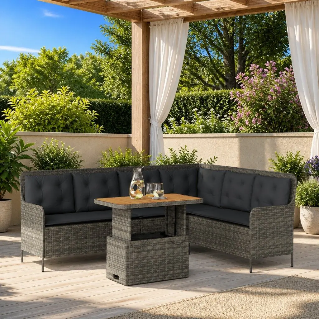 Grey Poly Rattan Garden Sofa Set with Cushions