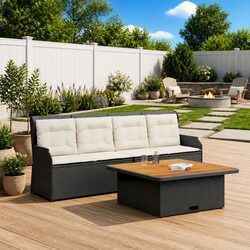 3-Piece Black Poly Rattan Garden Sofa Set with Cushions
