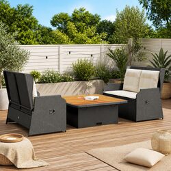 Premium 3 Piece Black Garden Lounge Set with Cushions