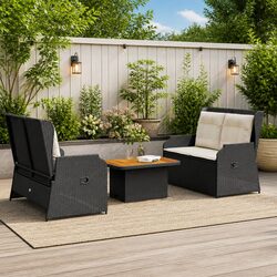 3 Piece Black Poly Rattan Outdoor Lounge Set with Cushions