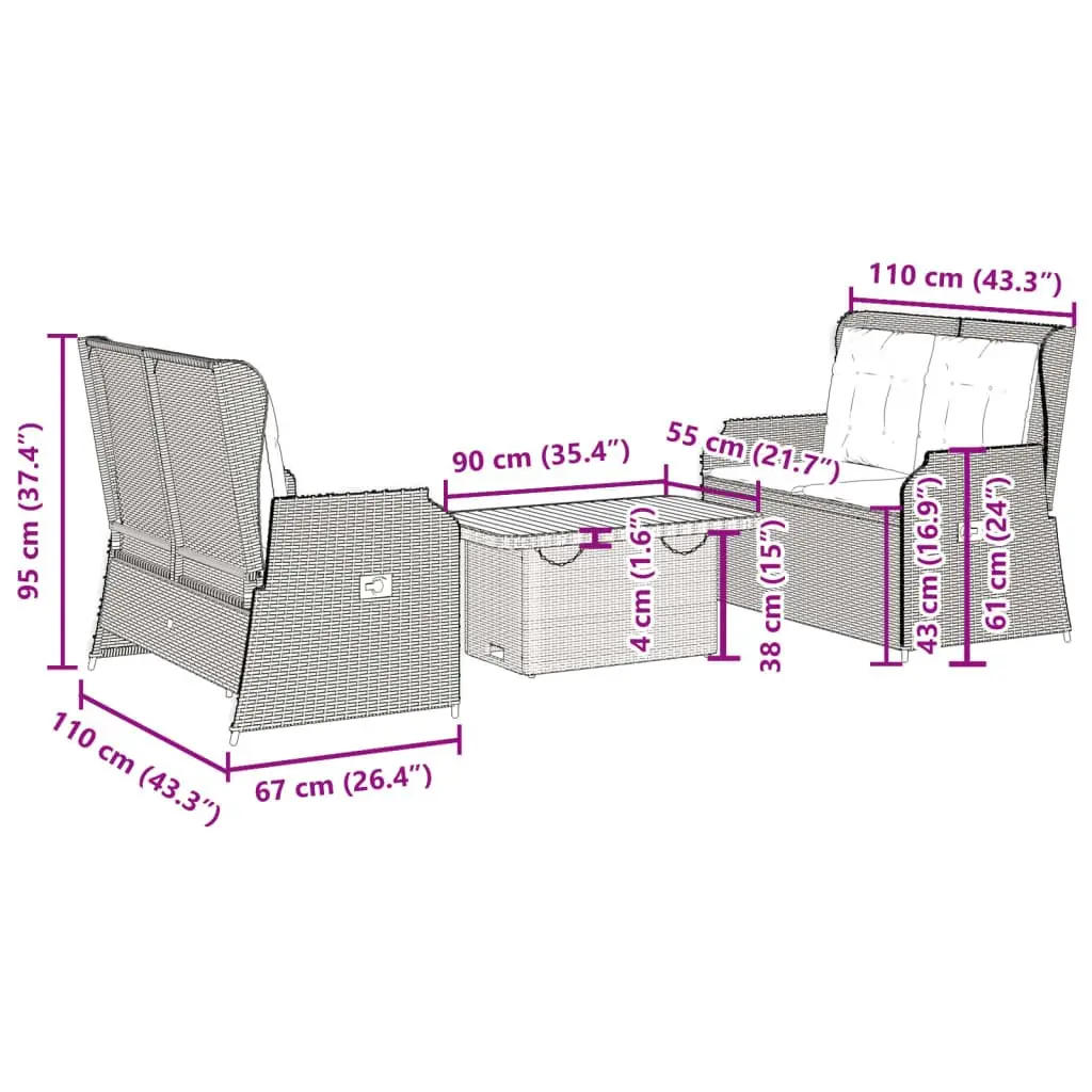 Garden Lounge Set PE Rattan 3 Piece Outdoor Furniture Grey Patio Seating
