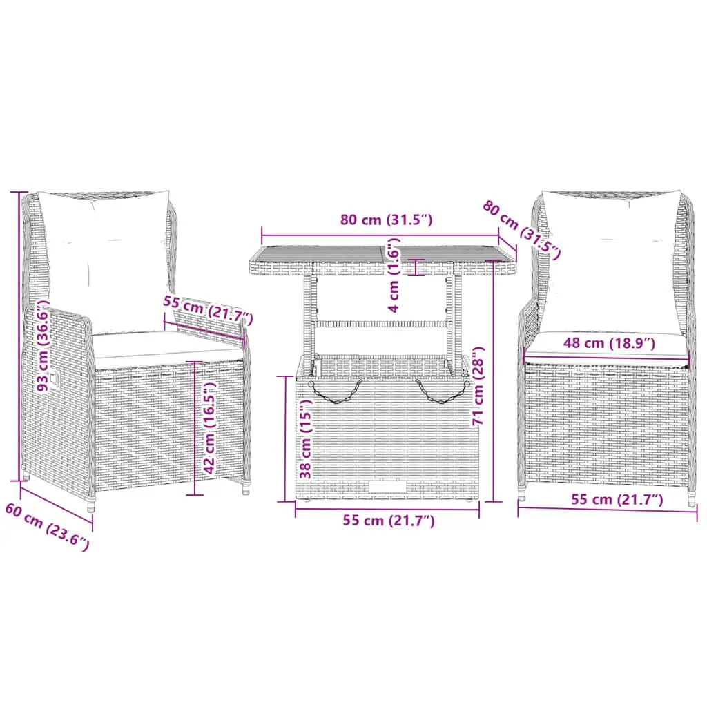 3 Piece Bistro Set with Adjustable Cushions