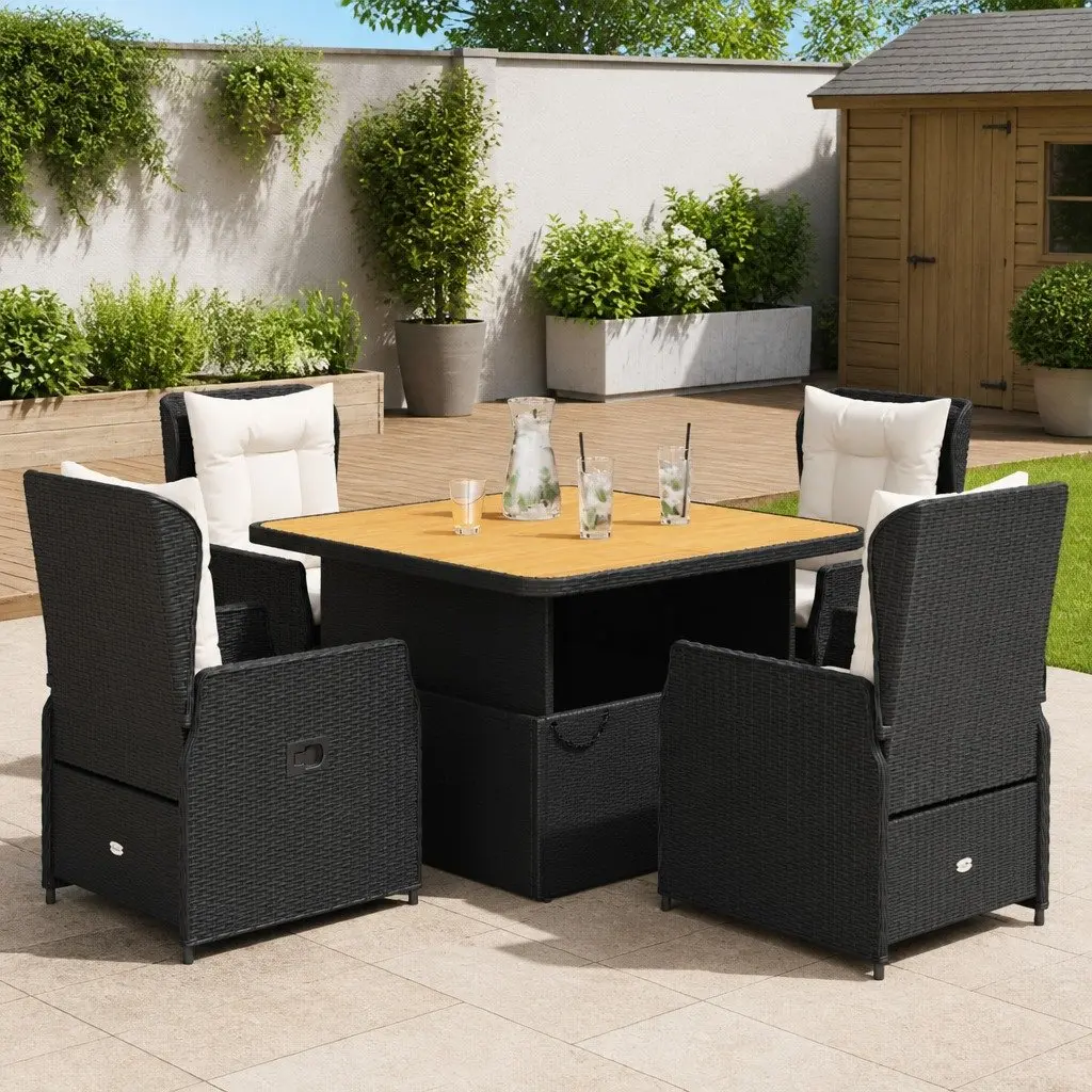 5 Piece Black Poly Rattan Garden Dining Set