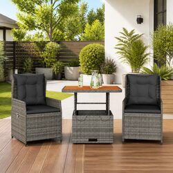 3 Piece Grey Poly Rattan Bistro Set with Adjustable Backrest