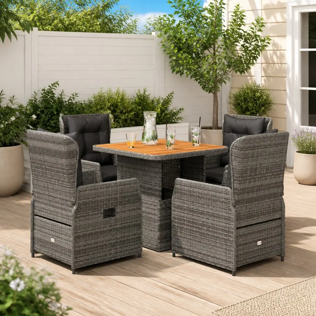 Garden Dining Set 5 Piece PE Rattan Grey Adjustable Backrest Acacia Wood Tabletop