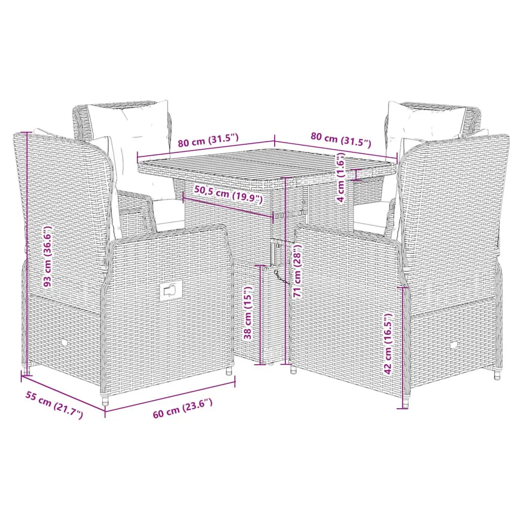 Garden Dining Set 5 Piece PE Rattan Grey Adjustable Backrest Acacia Wood Tabletop