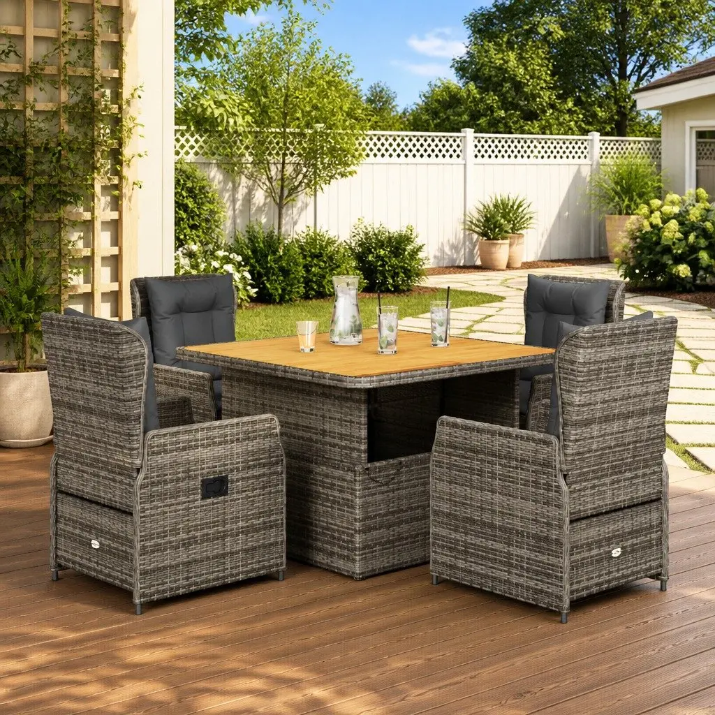 Grey Poly Rattan 5-Piece Outdoor Dining Set with Cushions
