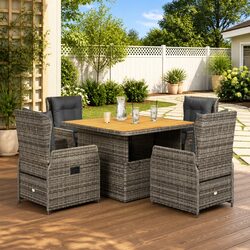 Grey Poly Rattan 5-Piece Outdoor Dining Set with Cushions