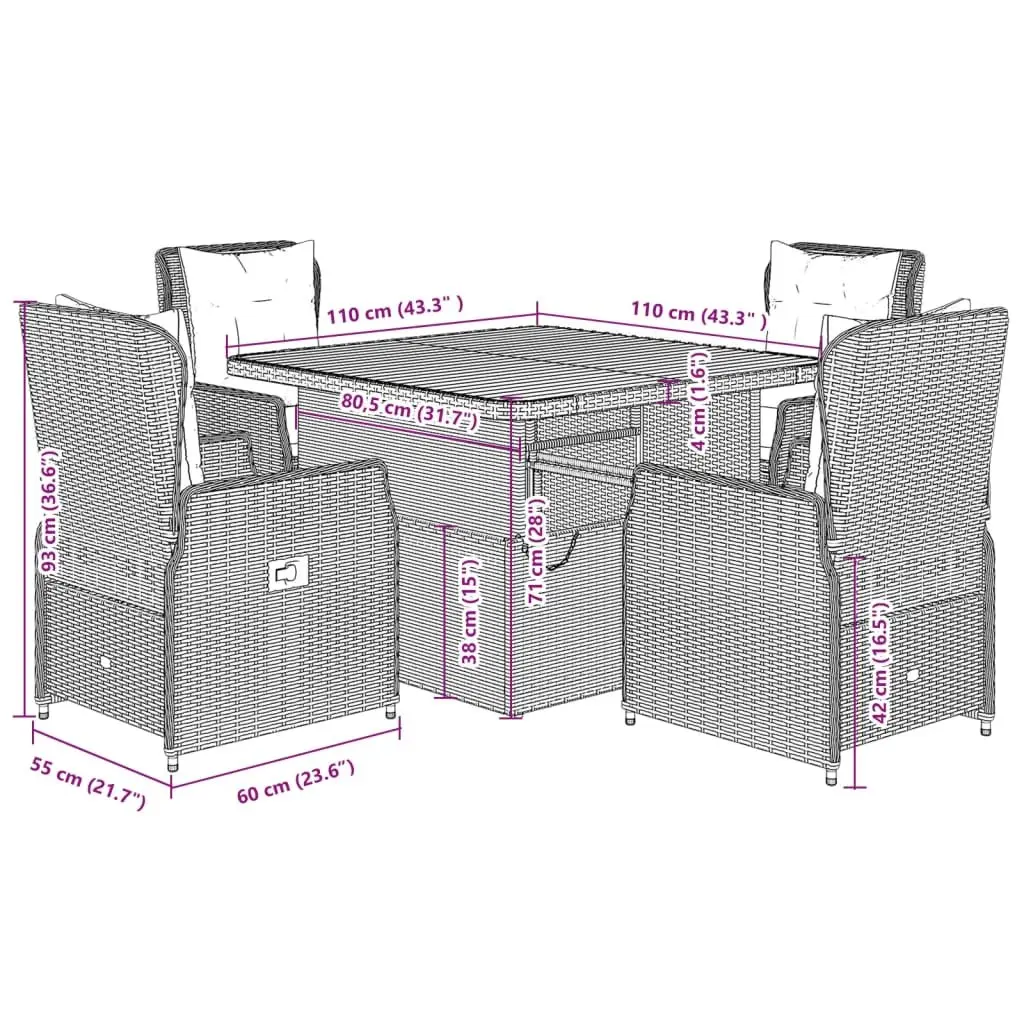Grey Poly Rattan 5-Piece Outdoor Dining Set with Cushions