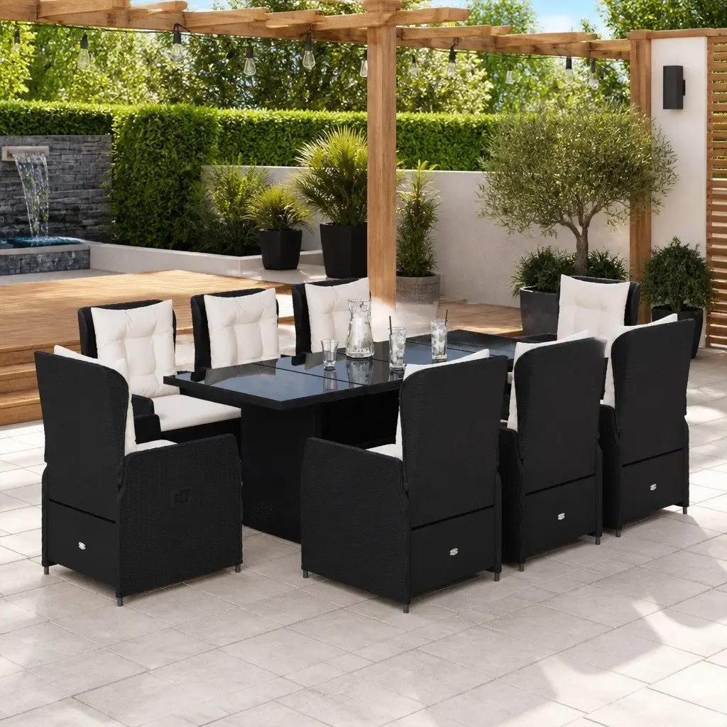 9 Piece Garden Dining Set PE Rattan Black Outdoor Furniture Patio Table Chairs