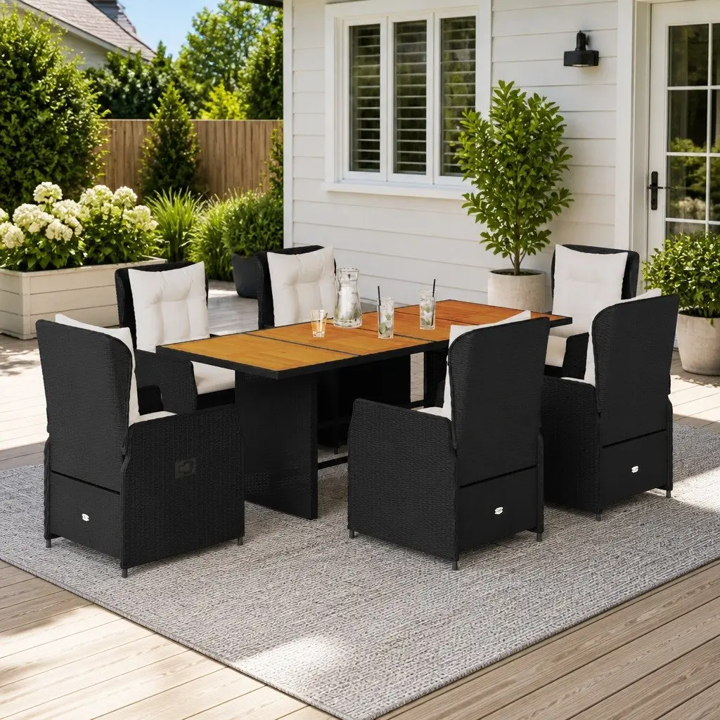Garden Dining Set PE Rattan 7 Piece Outdoor Patio Furniture Black Acacia Wood