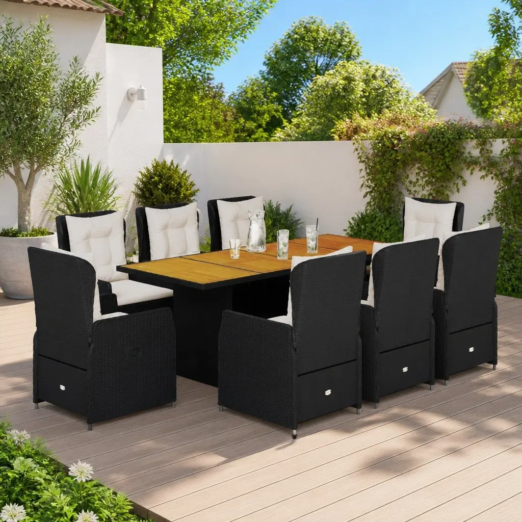 9 Piece Outdoor Dining Set Poly Rattan Black with Cushions