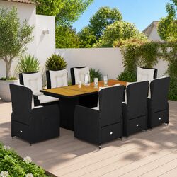 Black Poly Rattan Outdoor Dining Set with Cushions – 9 Pieces