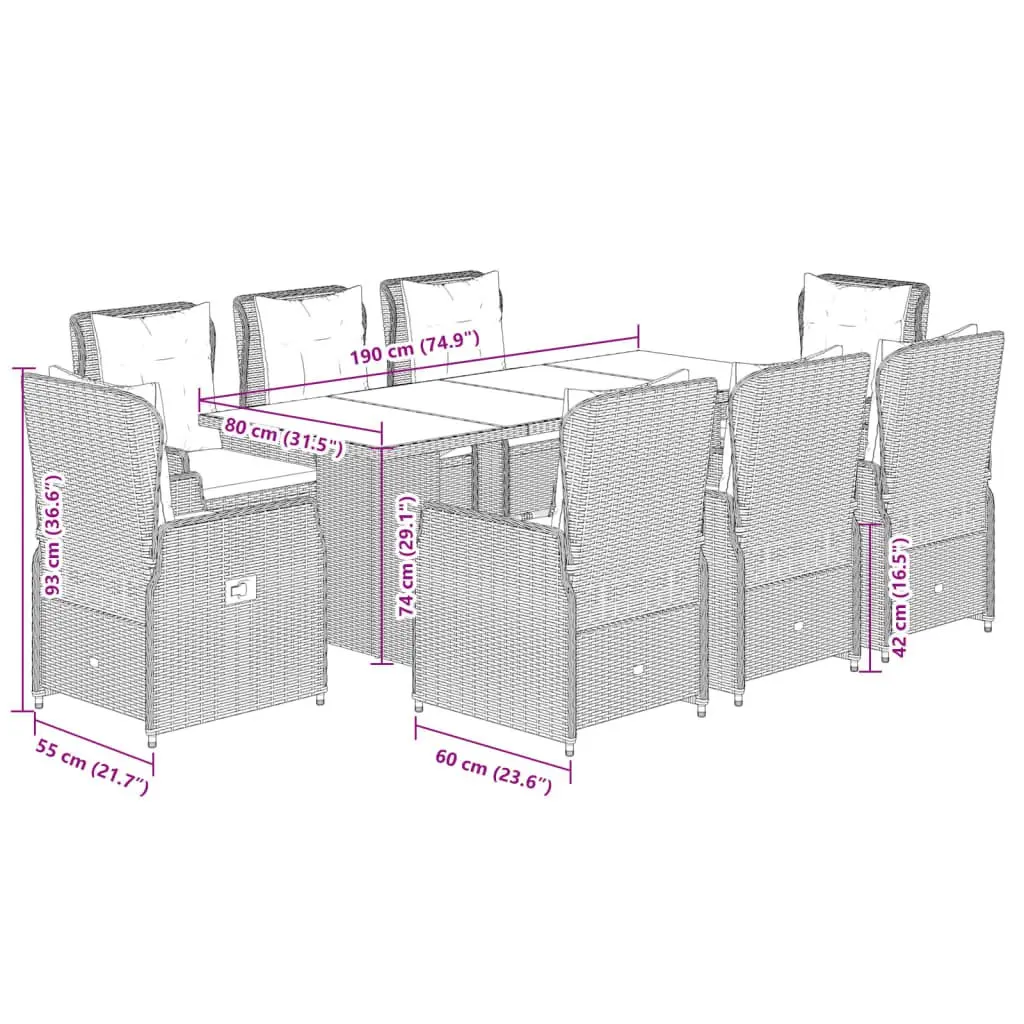 Garden Dining Set PE Rattan 9 Piece Outdoor Patio Furniture Grey with Cushions