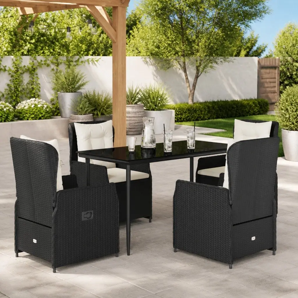 5 Piece Outdoor Dining Set PE Rattan Black Adjustable Backrest Tempered Glass
