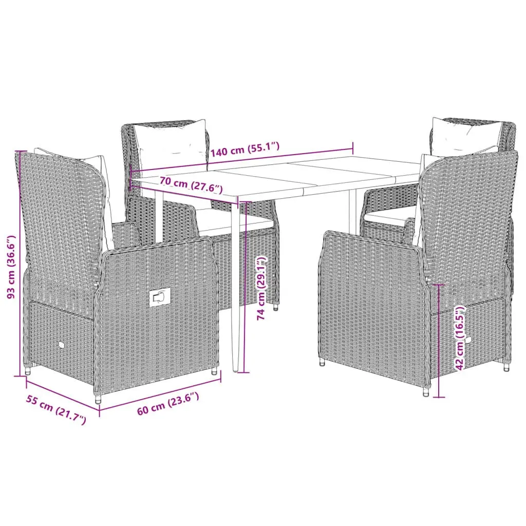 5 Piece Outdoor Dining Set PE Rattan Black Adjustable Backrest Tempered Glass